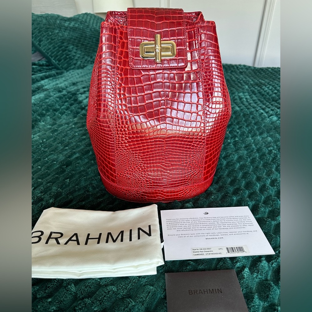 Authentic Brahmin Red Croc-Embossed Leather Bucket Bag with Gold Hardware